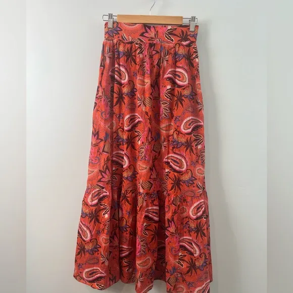 Boden Tiered Cotton Maxi Skirt Coral Paradise Paisley SZ 6P petite Pockets!!