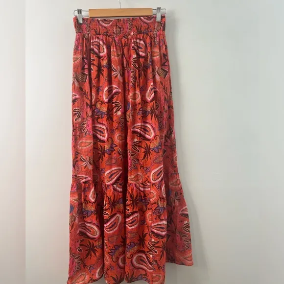 Boden Tiered Cotton Maxi Skirt Coral Paradise Paisley SZ 6P petite Pockets!!
