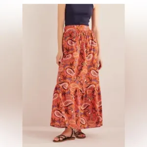 Boden Tiered Cotton Maxi Skirt Coral Paradise Paisley SZ 6P petite Pockets!!