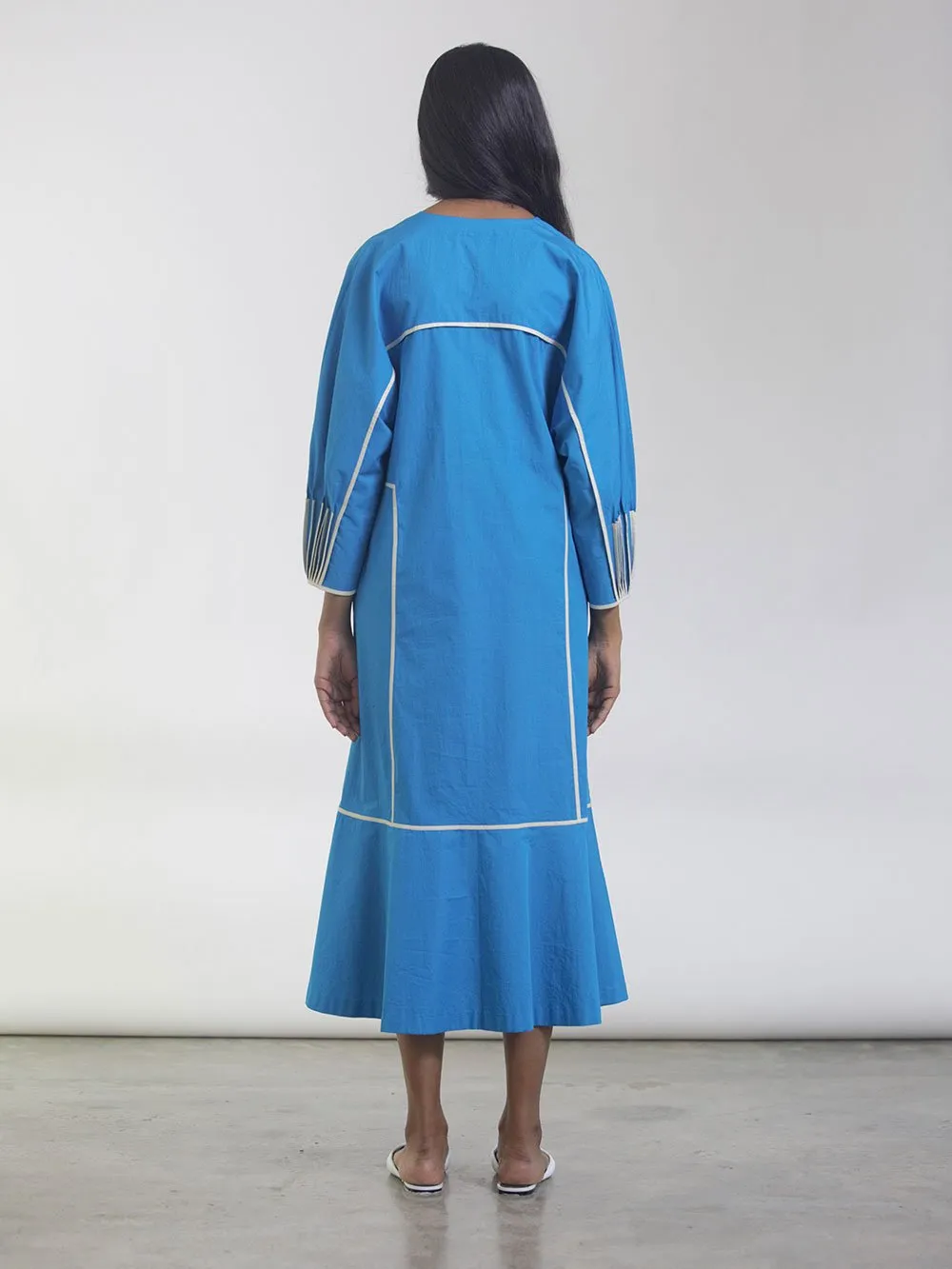 Bodice   I   Dress-This-Fluid-Dress-In-100-Cotton-Has-A-Flared-Bottom-And-Kimono-Sleeve-The-Seams-Are-Accented-With-Contrast-Cream-Binding-And-The-Cuffs-Have-Bound-Pleat-Detailing-The-Dress-Also-Features-Pockets-On-Each-Side