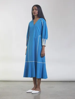 Bodice   I   Dress-This-Fluid-Dress-In-100-Cotton-Has-A-Flared-Bottom-And-Kimono-Sleeve-The-Seams-Are-Accented-With-Contrast-Cream-Binding-And-The-Cuffs-Have-Bound-Pleat-Detailing-The-Dress-Also-Features-Pockets-On-Each-Side