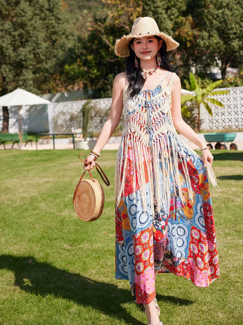 Bohemian Retro Print Strap Boho Maxi Dress with Hollow Crochet Fringe Vest