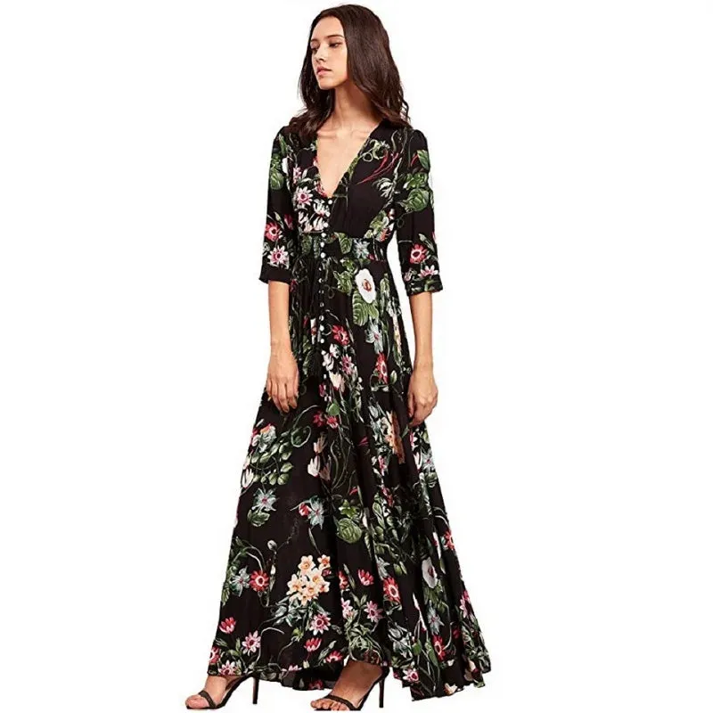 Bohemian V-Neck Maxi Dress with Floral Print and Sash Detail