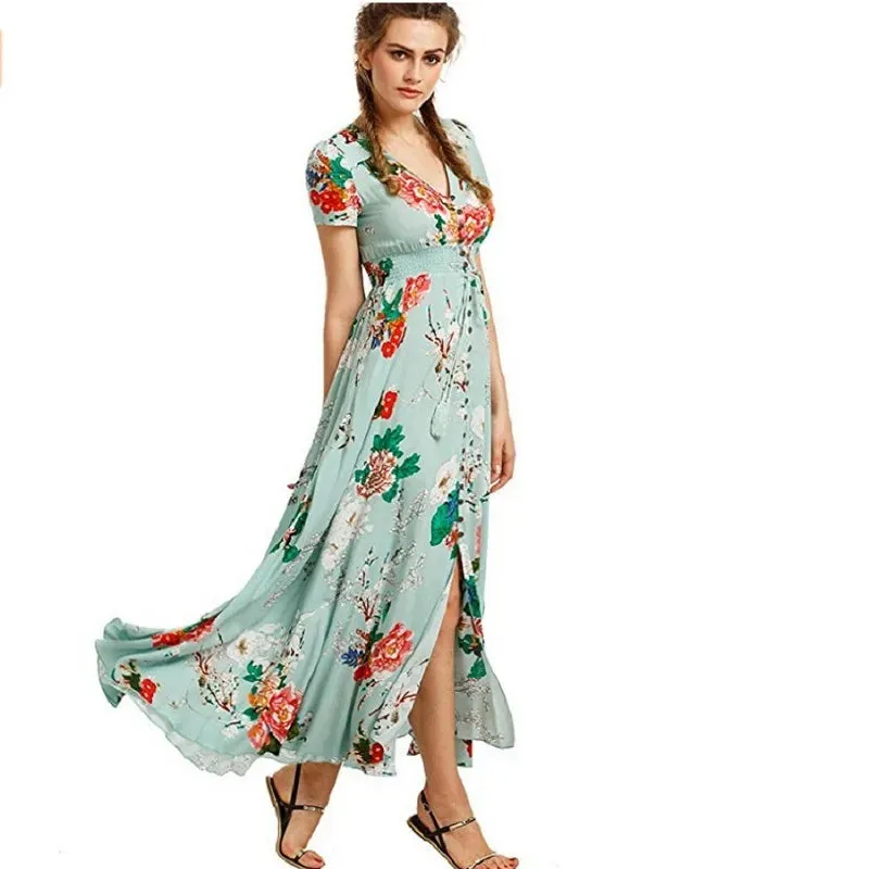 Bohemian V-Neck Maxi Dress with Floral Print and Sash Detail