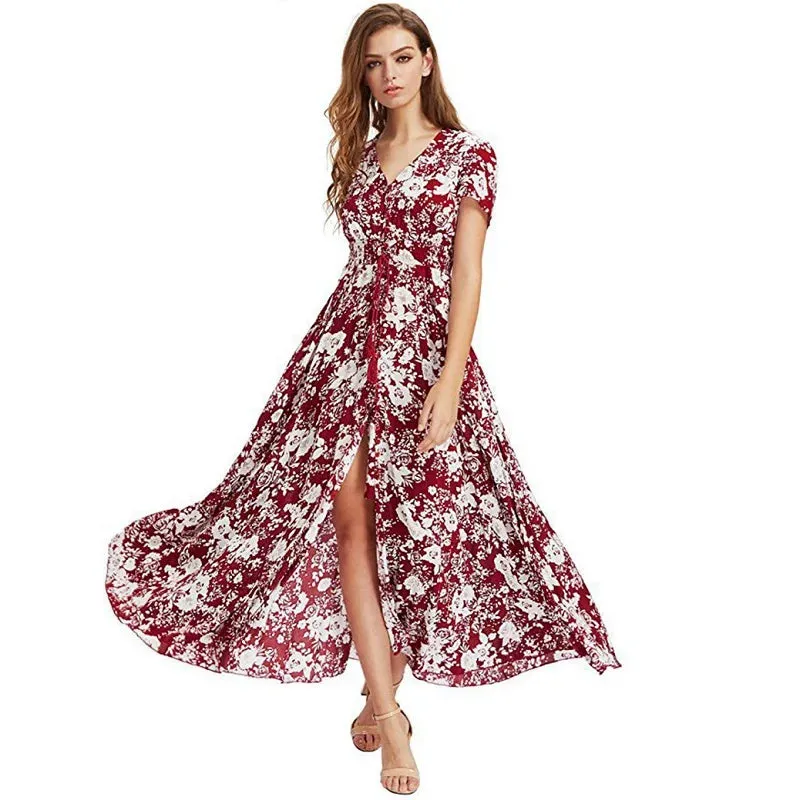 Bohemian V-Neck Maxi Dress with Floral Print and Sash Detail