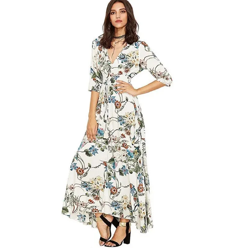 Bohemian V-Neck Maxi Dress with Floral Print and Sash Detail