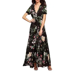 Bohemian V-Neck Maxi Dress with Floral Print and Sash Detail
