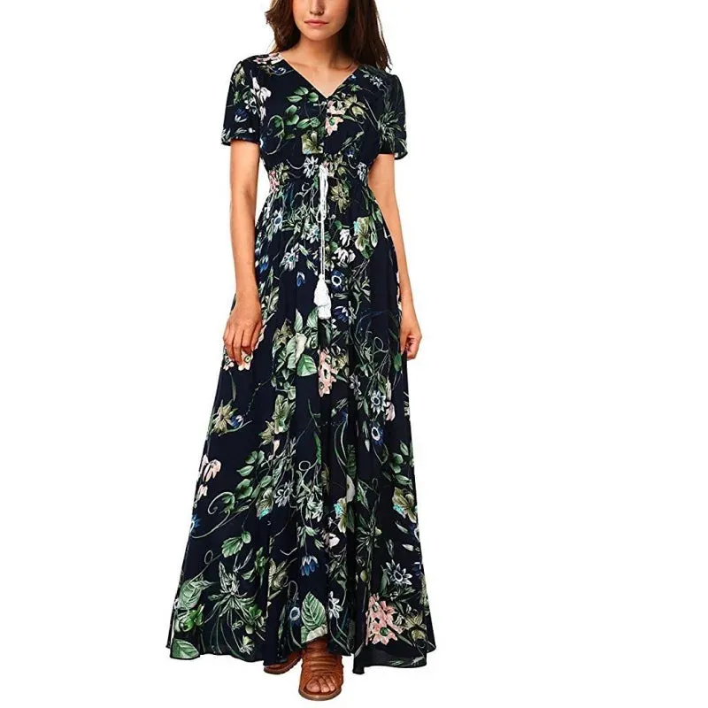 Bohemian V-Neck Maxi Dress with Floral Print and Sash Detail