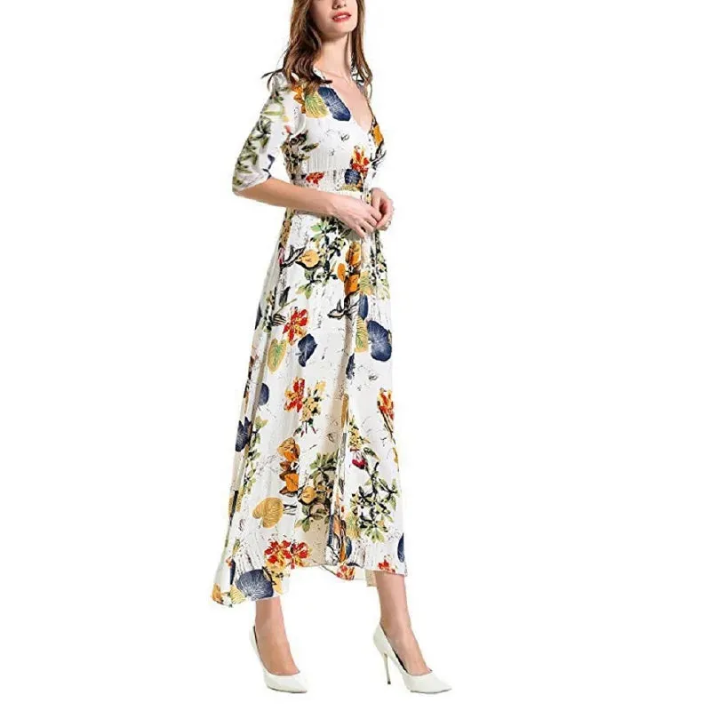 Bohemian V-Neck Maxi Dress with Floral Print and Sash Detail