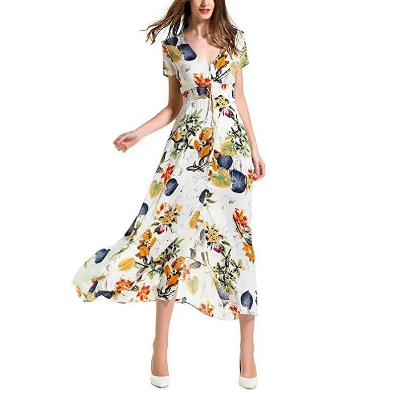 Bohemian V-Neck Maxi Dress with Floral Print and Sash Detail