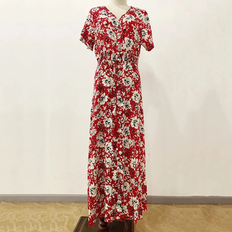 Bohemian V-Neck Maxi Dress with Floral Print and Sash Detail