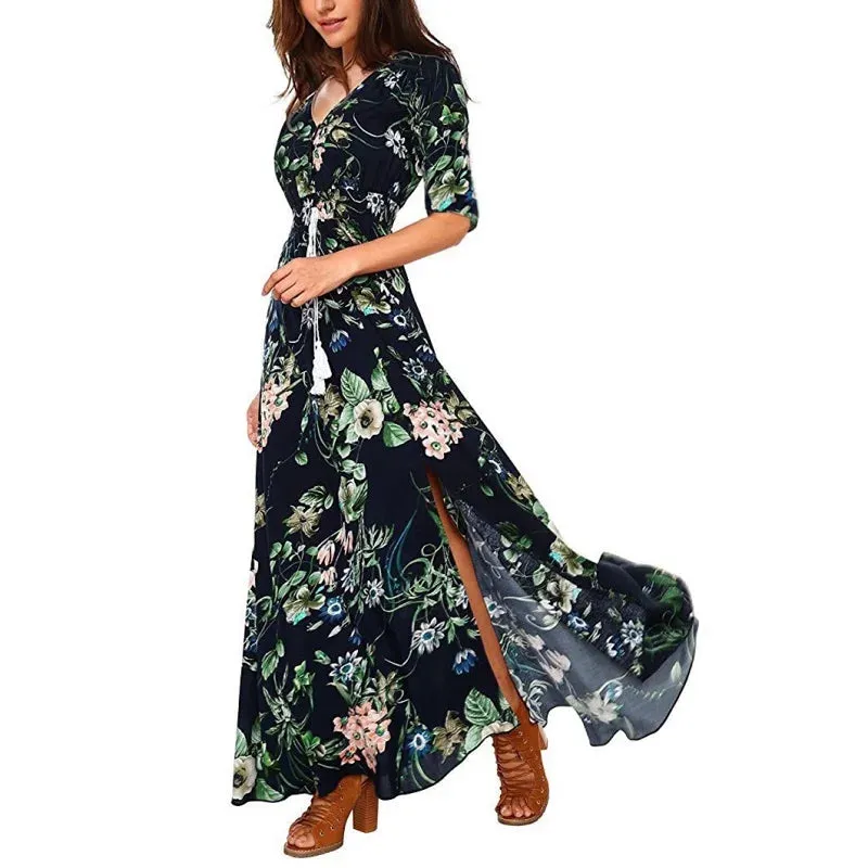 Bohemian V-Neck Maxi Dress with Floral Print and Sash Detail