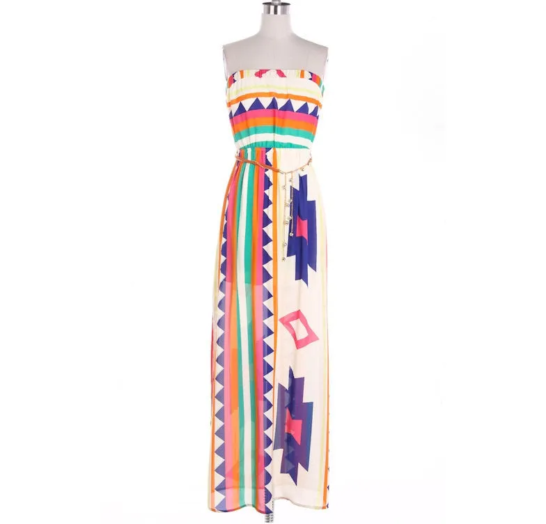 Boho Maxi Dress with Gold Chain Belt