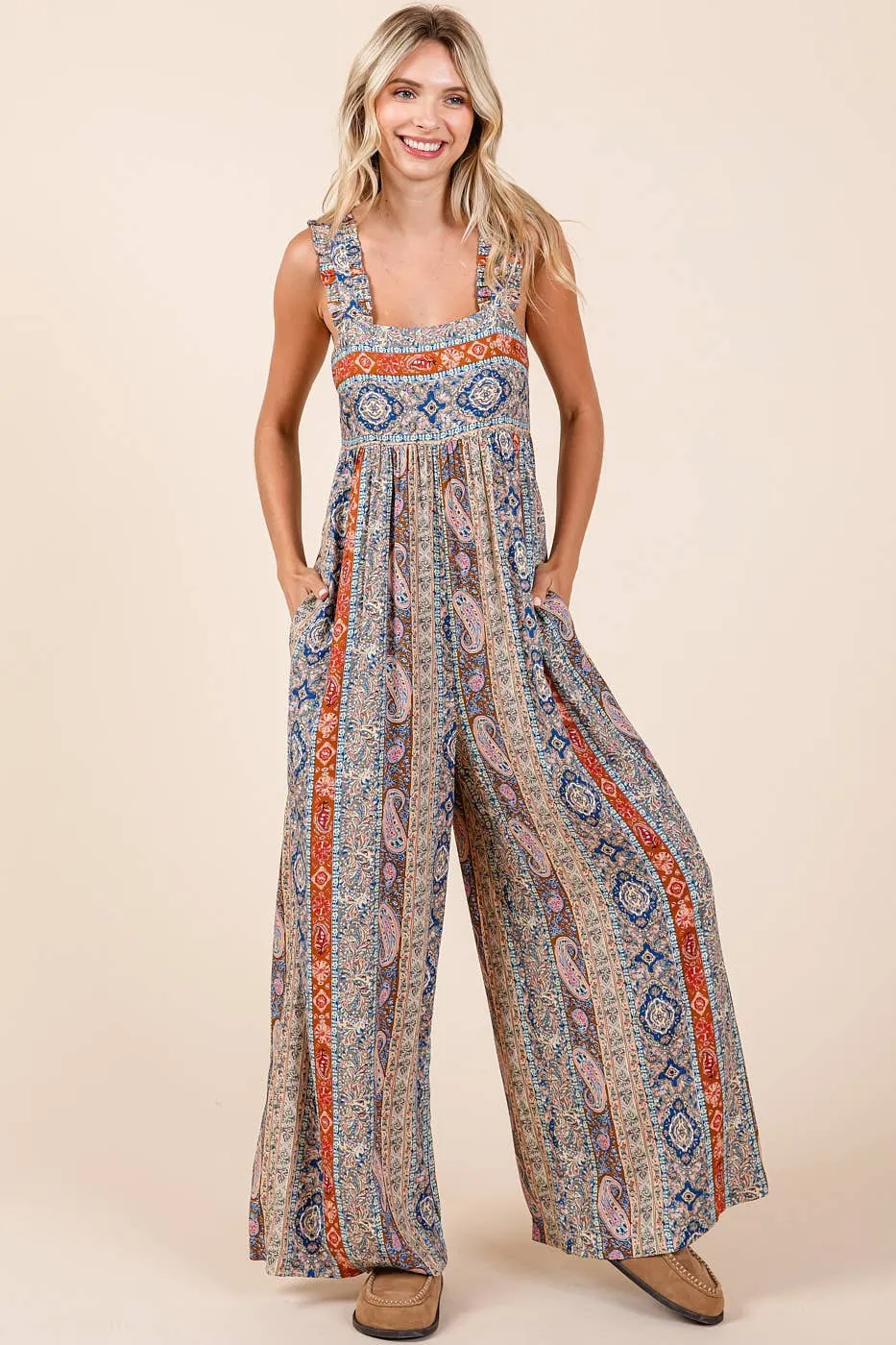 BOHO PRINT RUFFLE STRAP TIE BACK WIDE LEG JUMPSUIT / ROMPER / JUMPER
