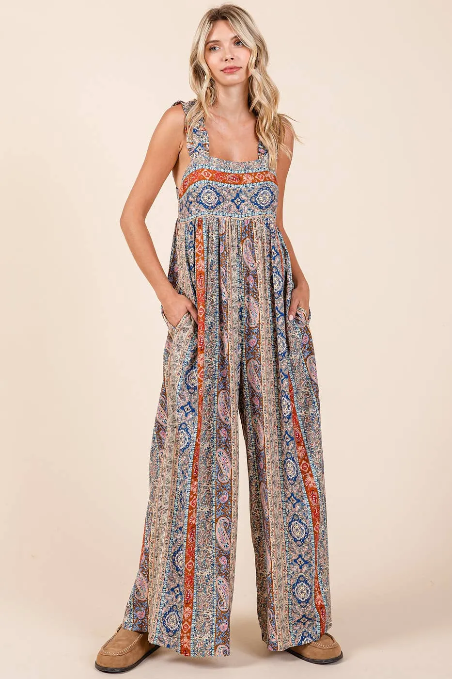 BOHO PRINT RUFFLE STRAP TIE BACK WIDE LEG JUMPSUIT / ROMPER / JUMPER