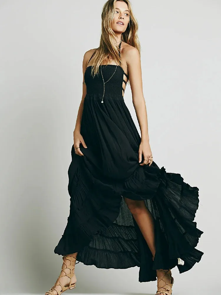 Boho Style Lace Up & Backless Maxi Dress
