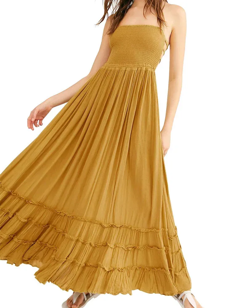 Boho Style Lace Up & Backless Maxi Dress