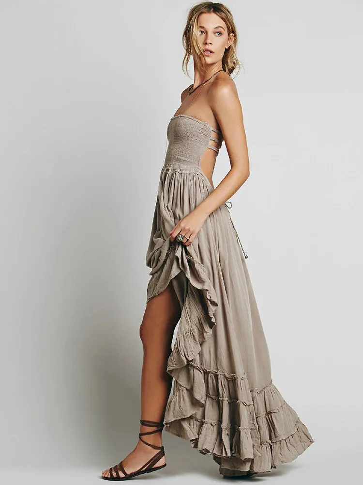 Boho Style Lace Up & Backless Maxi Dress