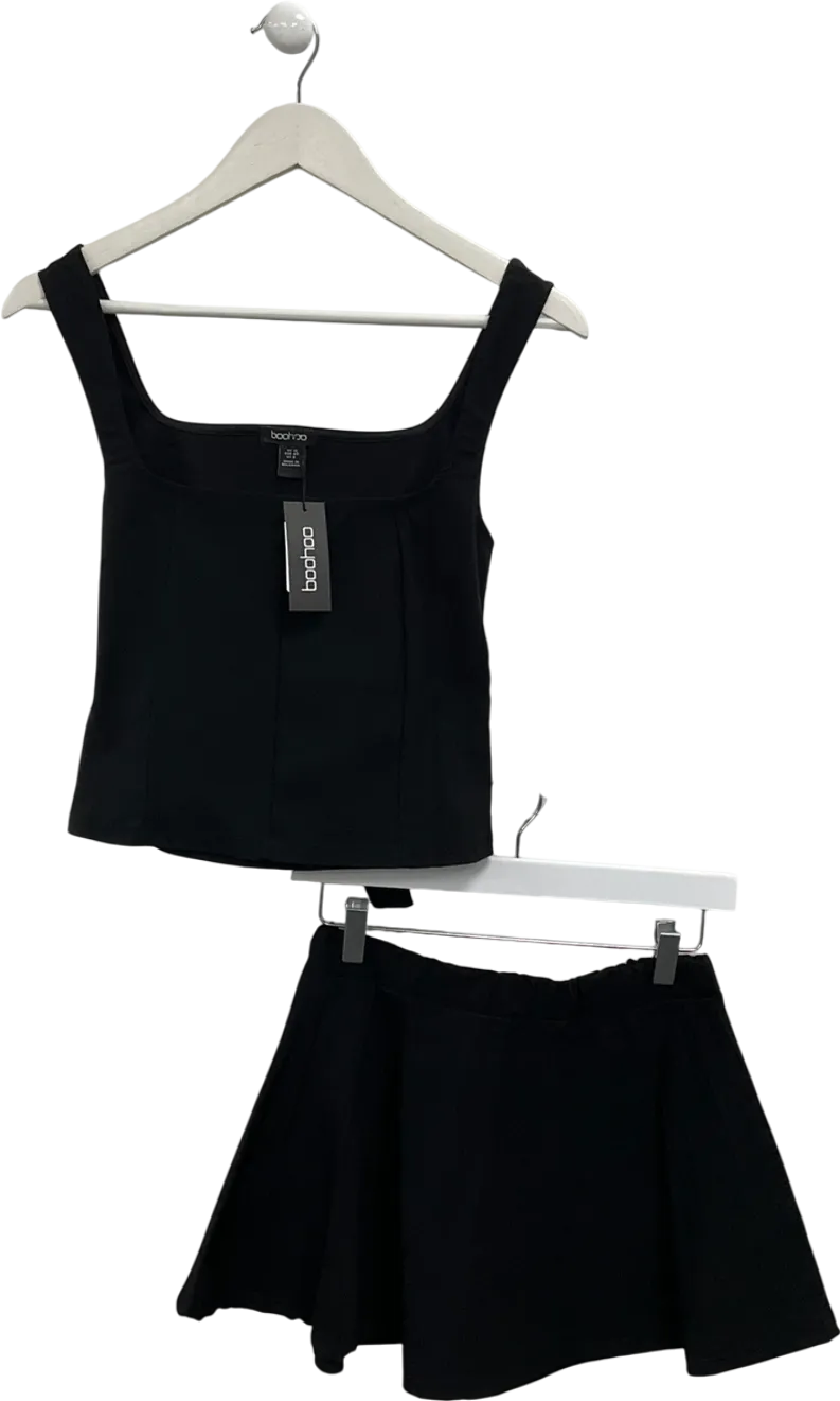 boohoo Black Square Longline Top And Pleated Mini Skirt UK 12
