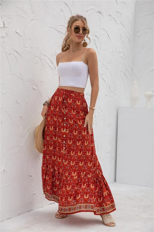 Border Print Boho Maxi Skirt
