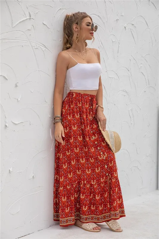 Border Print Boho Maxi Skirt