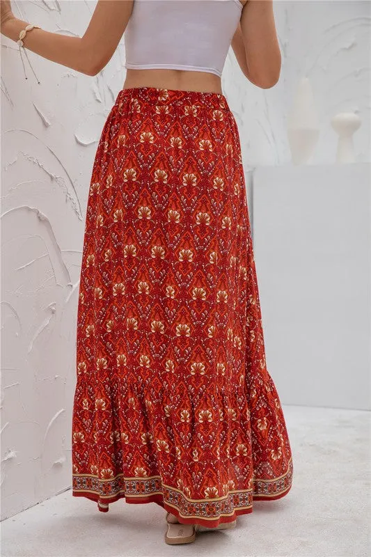 Border Print Boho Maxi Skirt