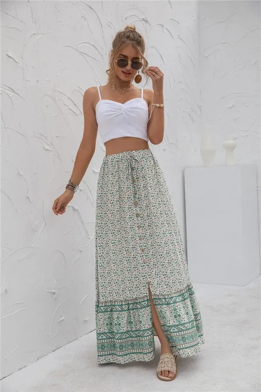 Border Print Boho Maxi Skirt