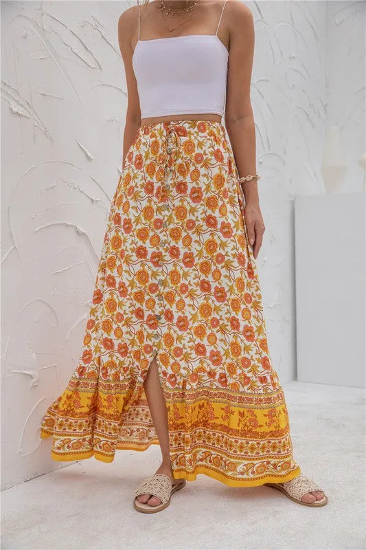 Border Print Boho Maxi Skirt
