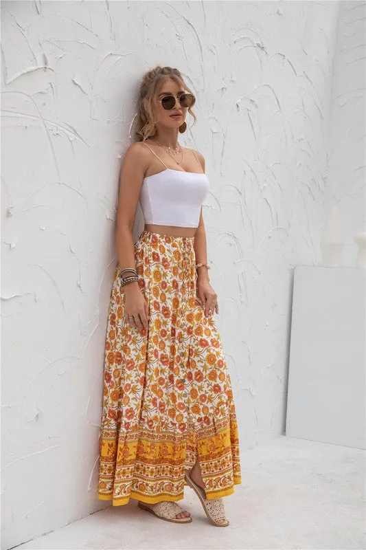 Border Print Boho Maxi Skirt
