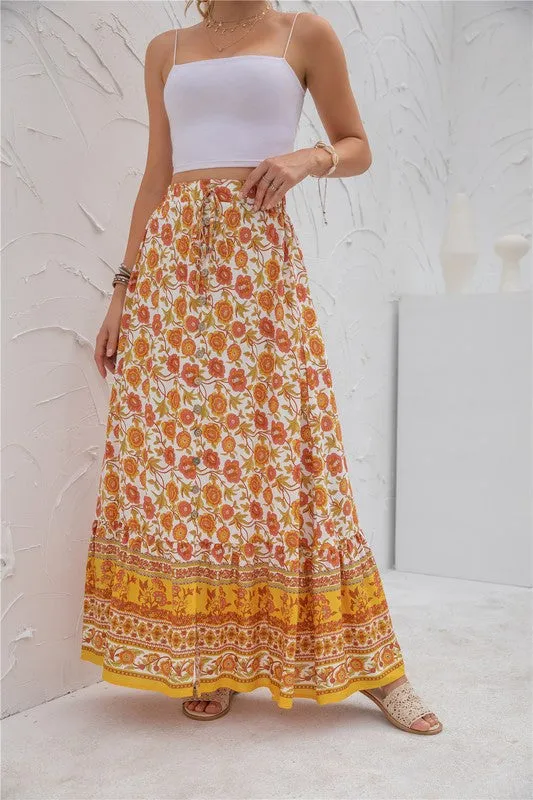 Border Print Boho Maxi Skirt