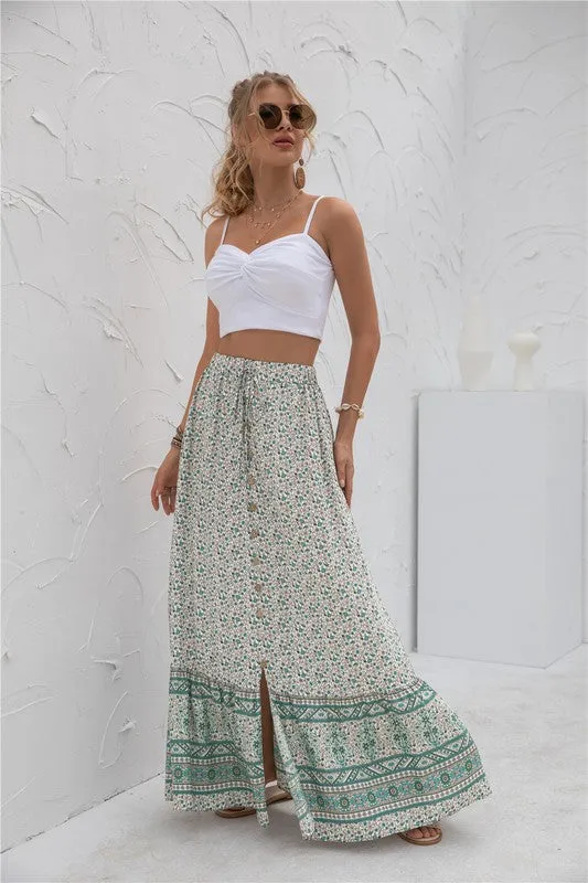 Border Print Boho Maxi Skirt
