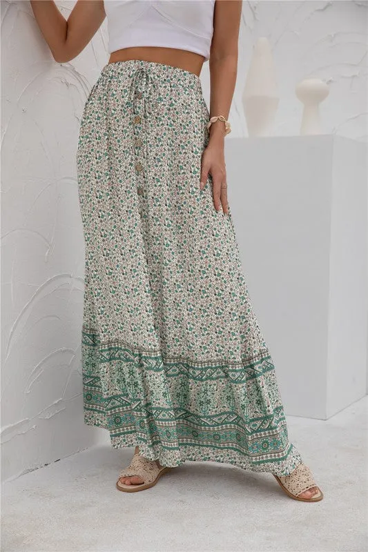 Border Print Boho Maxi Skirt