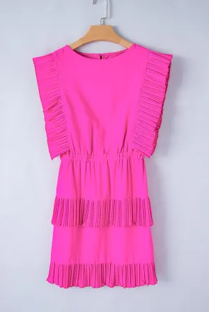 Bright Pink Solid Color Pleated Layered Flutter Mini Dress