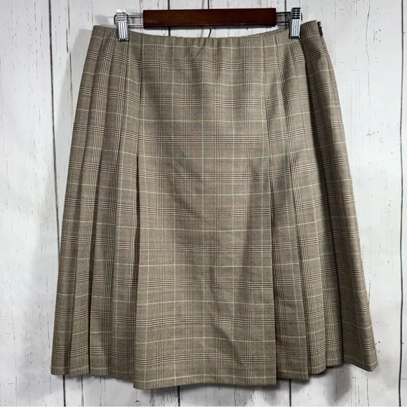 Brooks Brothers Plaid Skirt Pleated Clueless Wool Tan Knee Length A Line Skirt