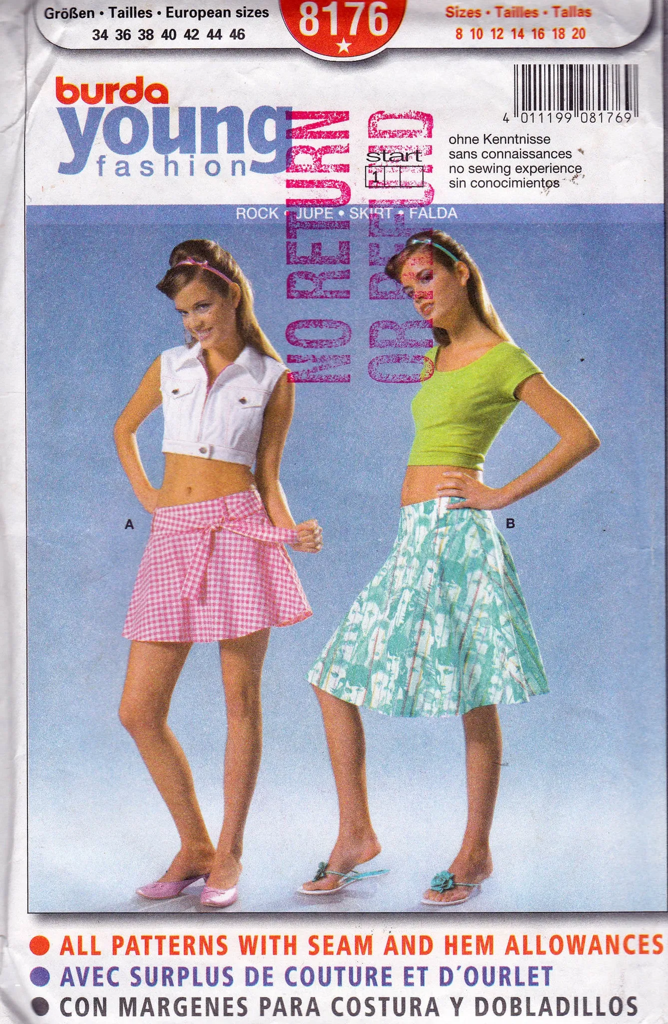 Burda Young 8176 Womens Flared Hipster Skirts Out Of Print Sewing Pattern Sizes 8 - 20 UNCUT Factory Folded