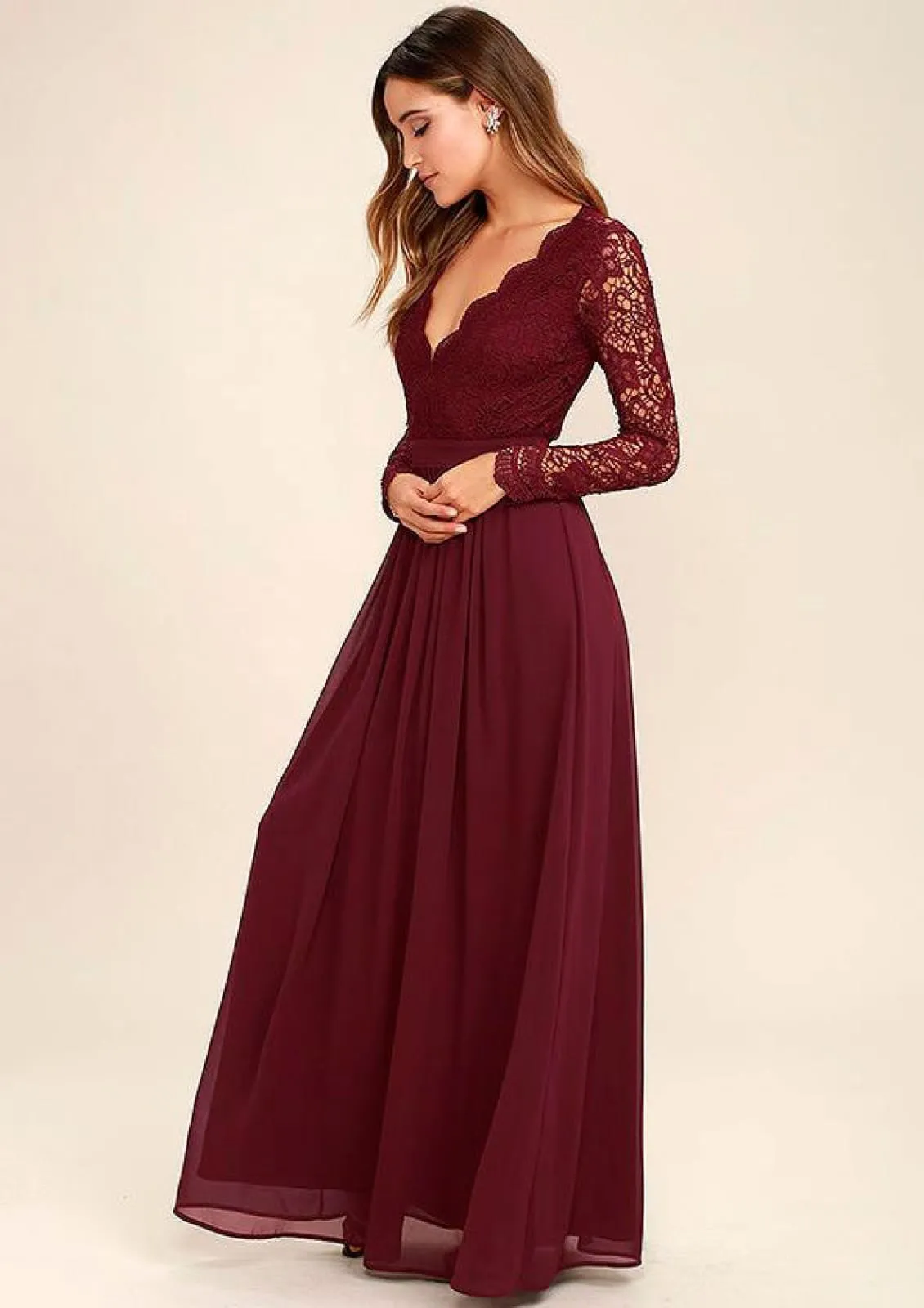 Burgundy Chiffon Long Lace Sleeve Backless Wedding Party Bridesmaid Dress