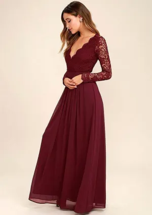 Burgundy Chiffon Long Lace Sleeve Backless Wedding Party Bridesmaid Dress