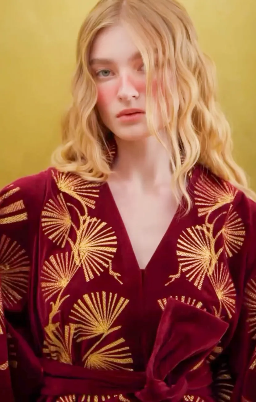 Burgundy linen dress with gold embroidery