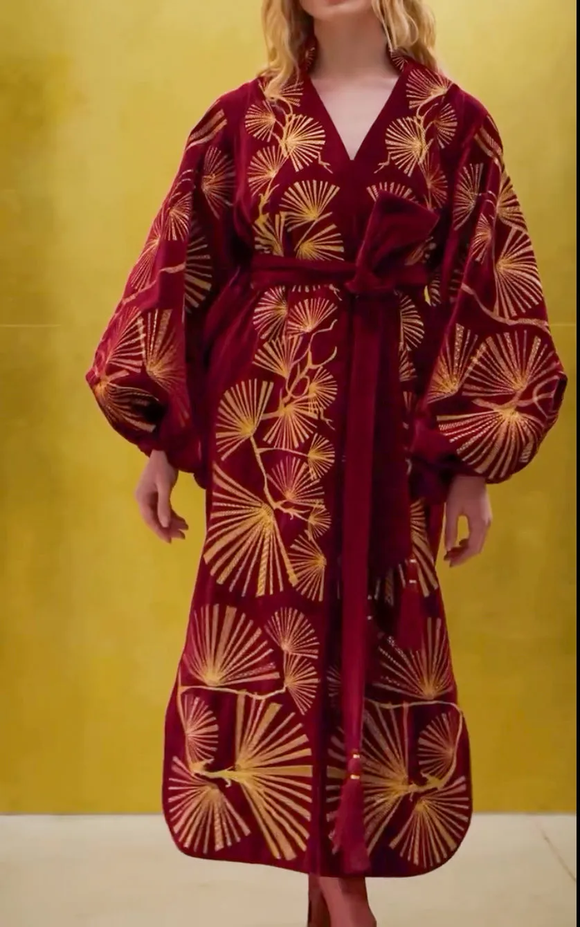 Burgundy linen dress with gold embroidery