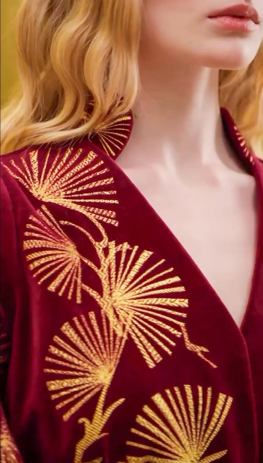Burgundy linen dress with gold embroidery