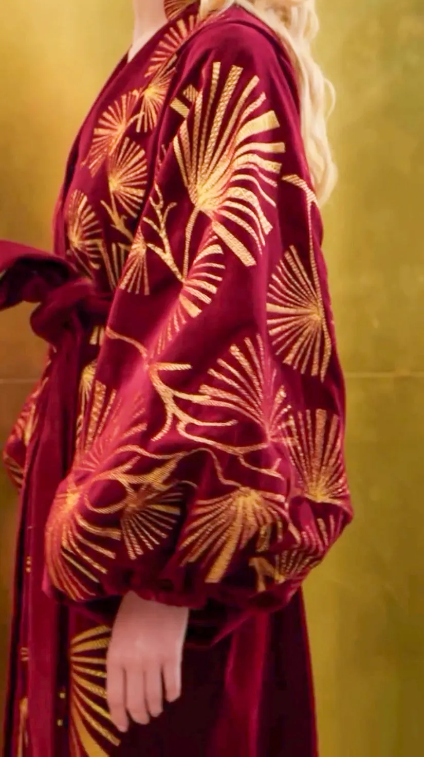 Burgundy linen dress with gold embroidery