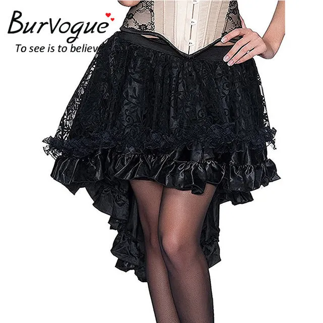Burvogue Long Maxi Steampunk Elastic Skirts Women Black Fluffy Tulle Skirt Ruffled Chiffon Lace Midi Gothic Sexy Corset Skirt