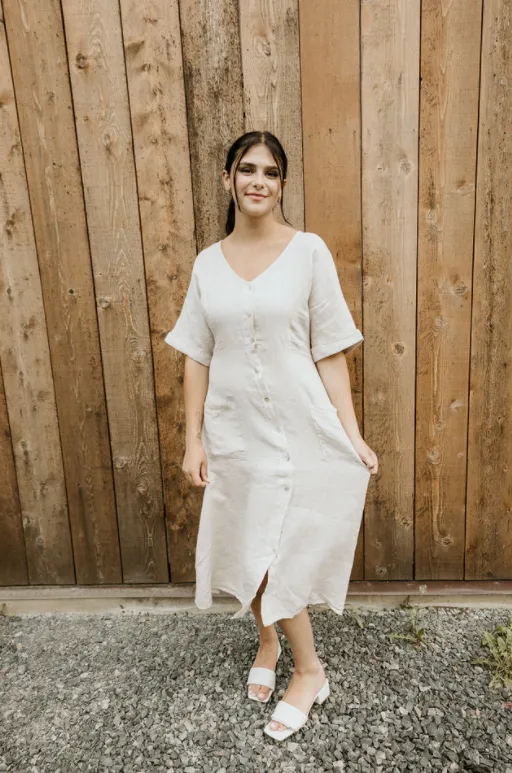 Button Down Linen Dress In Flax