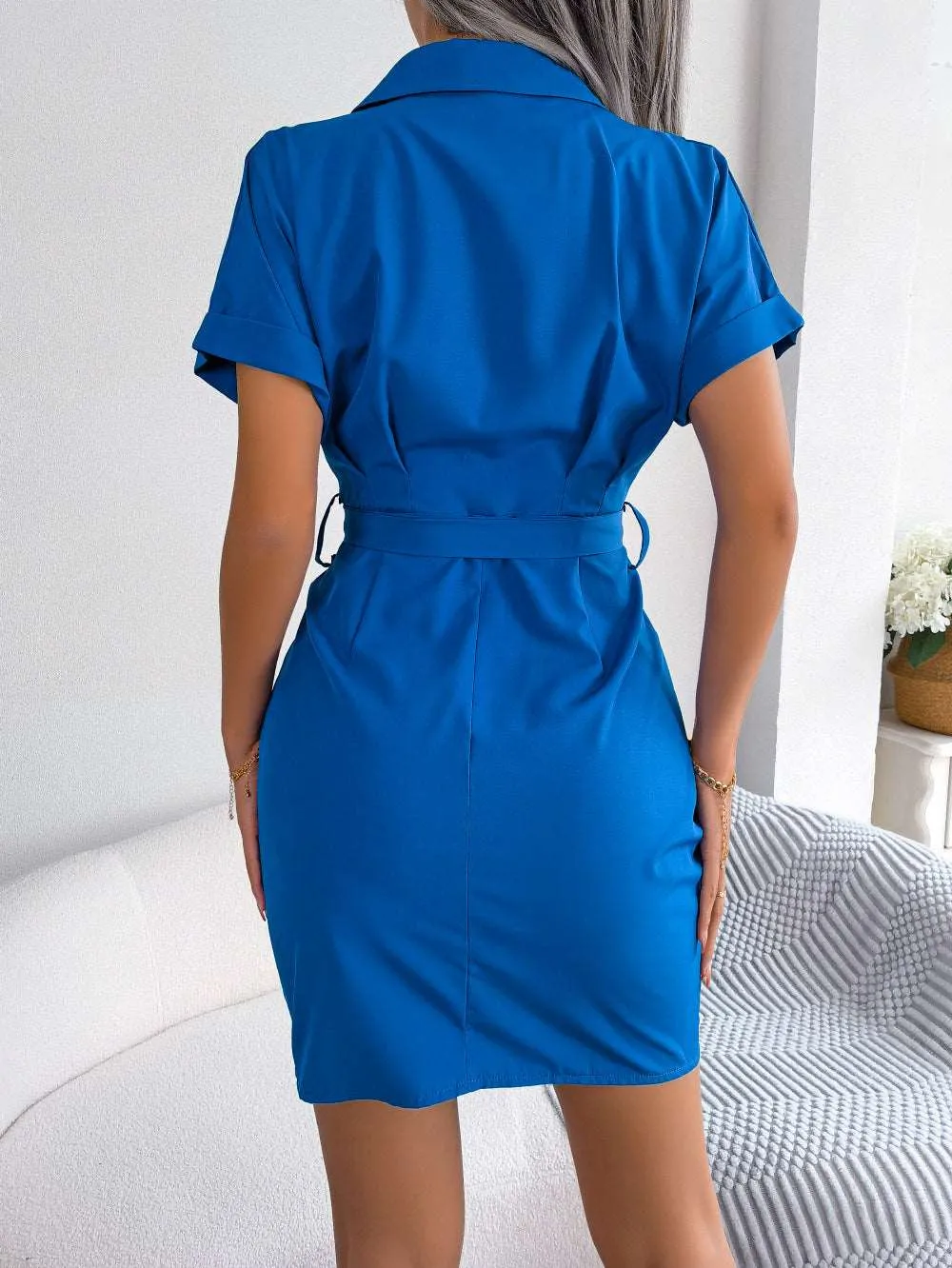 Button Down Ruched Tie Belt Dress (3 Colors)