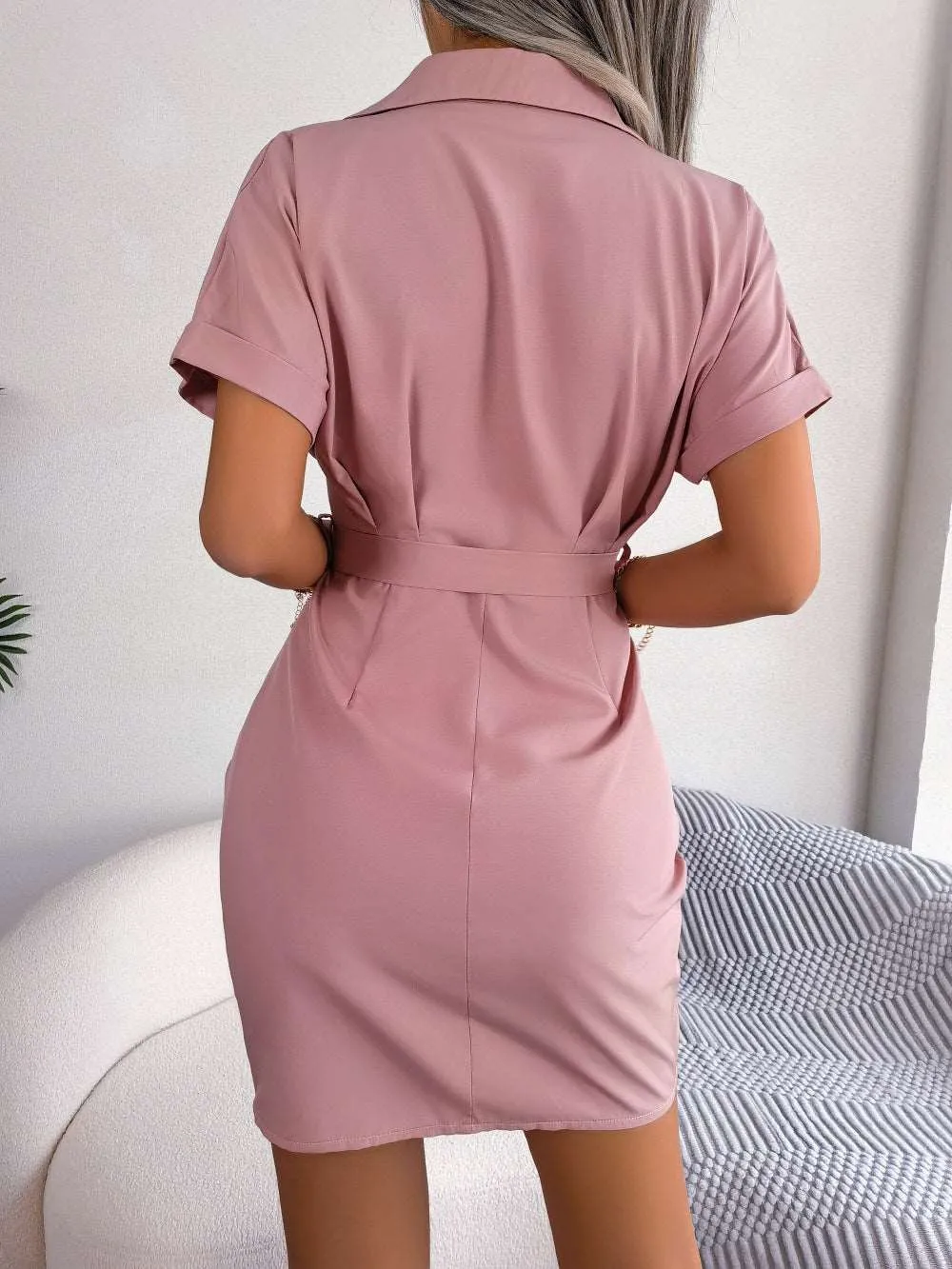 Button Down Ruched Tie Belt Dress (3 Colors)