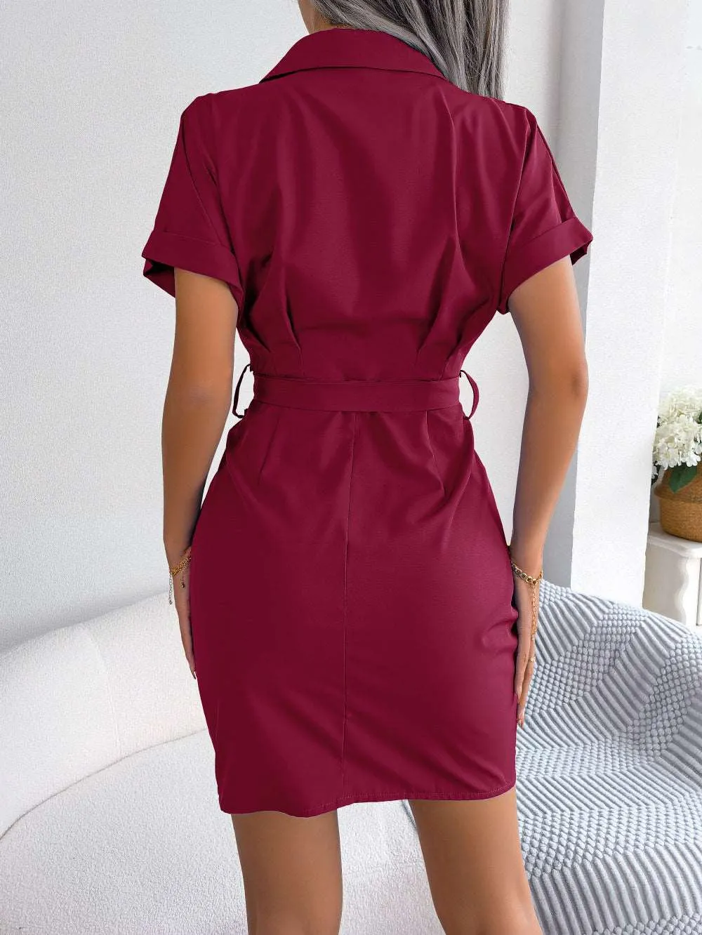 Button Down Ruched Tie Belt Dress (3 Colors)
