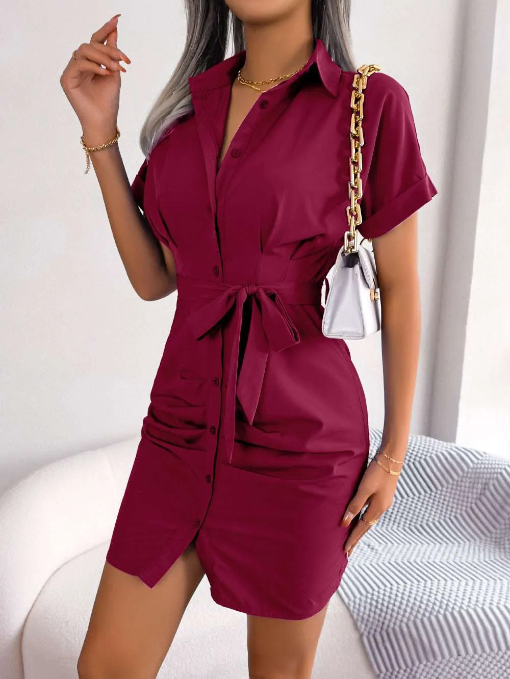 Button Down Ruched Tie Belt Dress (3 Colors)