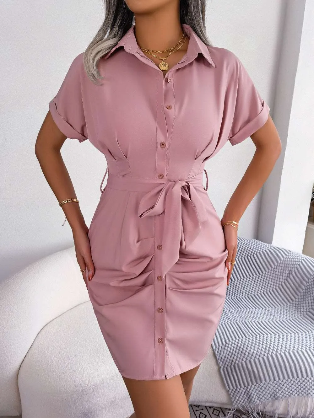 Button Down Ruched Tie Belt Dress (3 Colors)