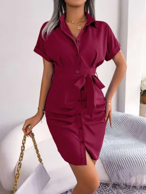 Button Down Ruched Tie Belt Dress (3 Colors)