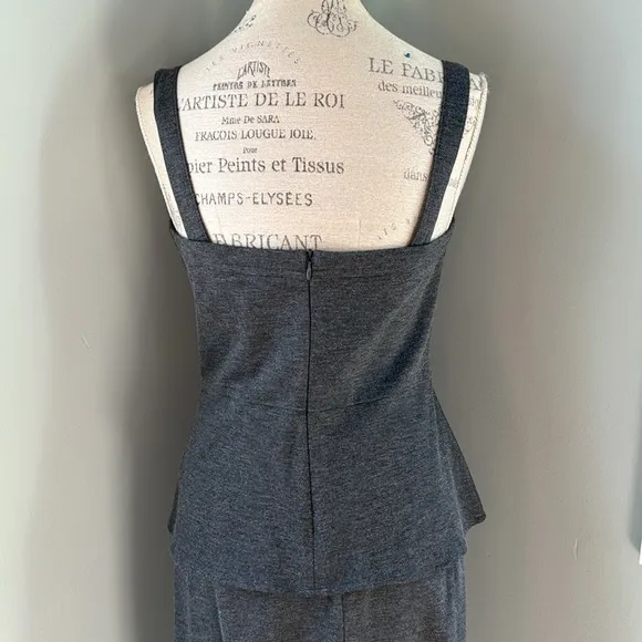 CAbi grey stretch peplum zippered top with midi length pencil skirt EUC size 6